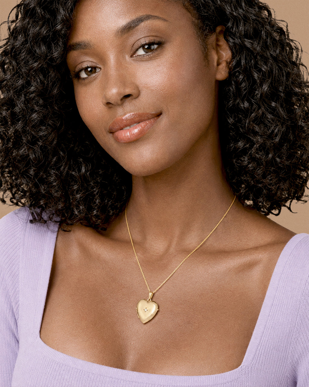 Solid 14k Yellow Gold Heart Photo Locket with Diamond - on model