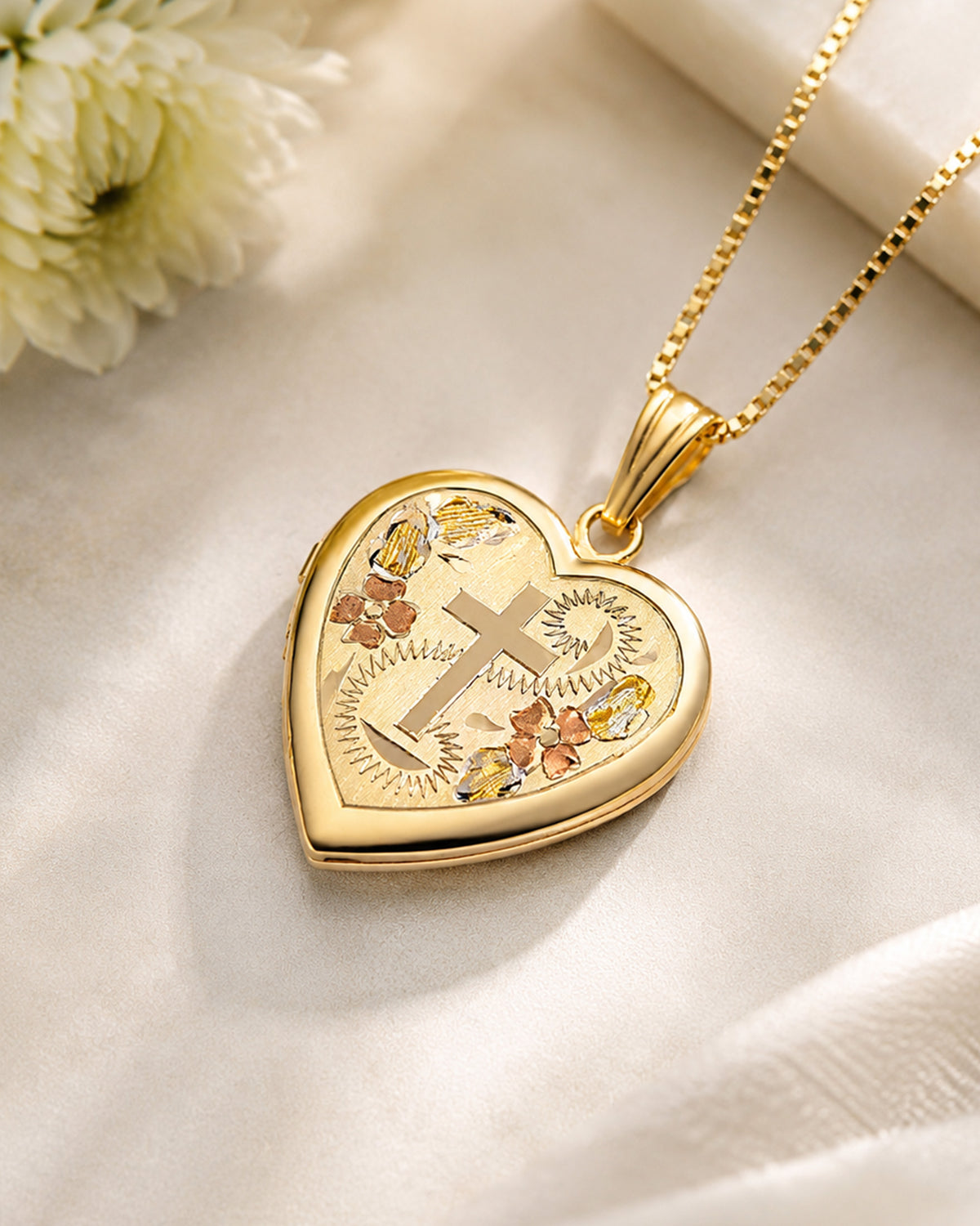 Yellow Gold Cross Heart Photo Locket - lifestyle