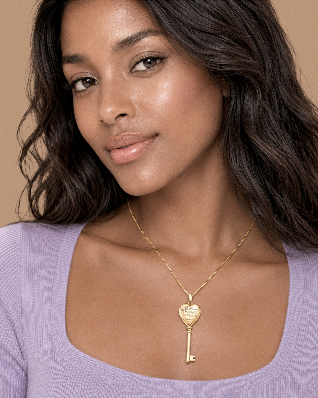 Solid 14K Yellow Gold Key to My Heart Photo Locket - on model