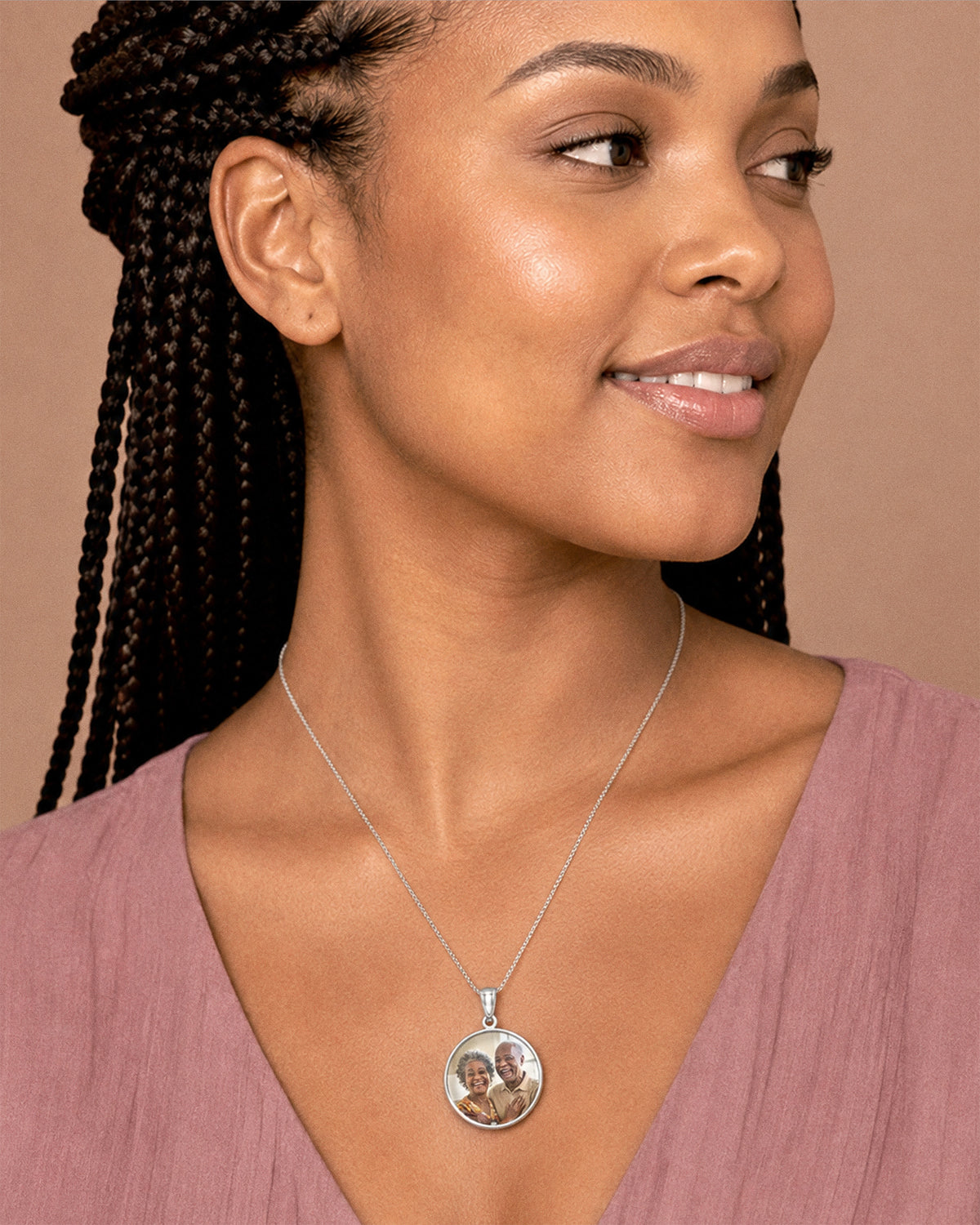 Round with Border Photo Pendant Picture Charm - on model