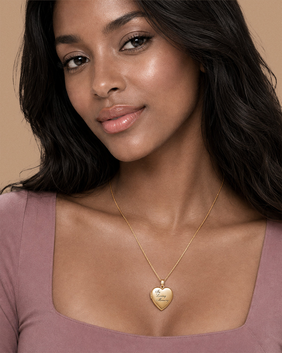 Yellow Gold In Loving Memory Heart Photo Locket - on model
