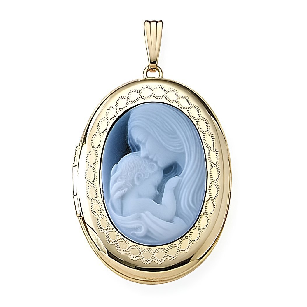 Solid 14K Yellow Gold Mother & Child Cameo Oval Photo Locket