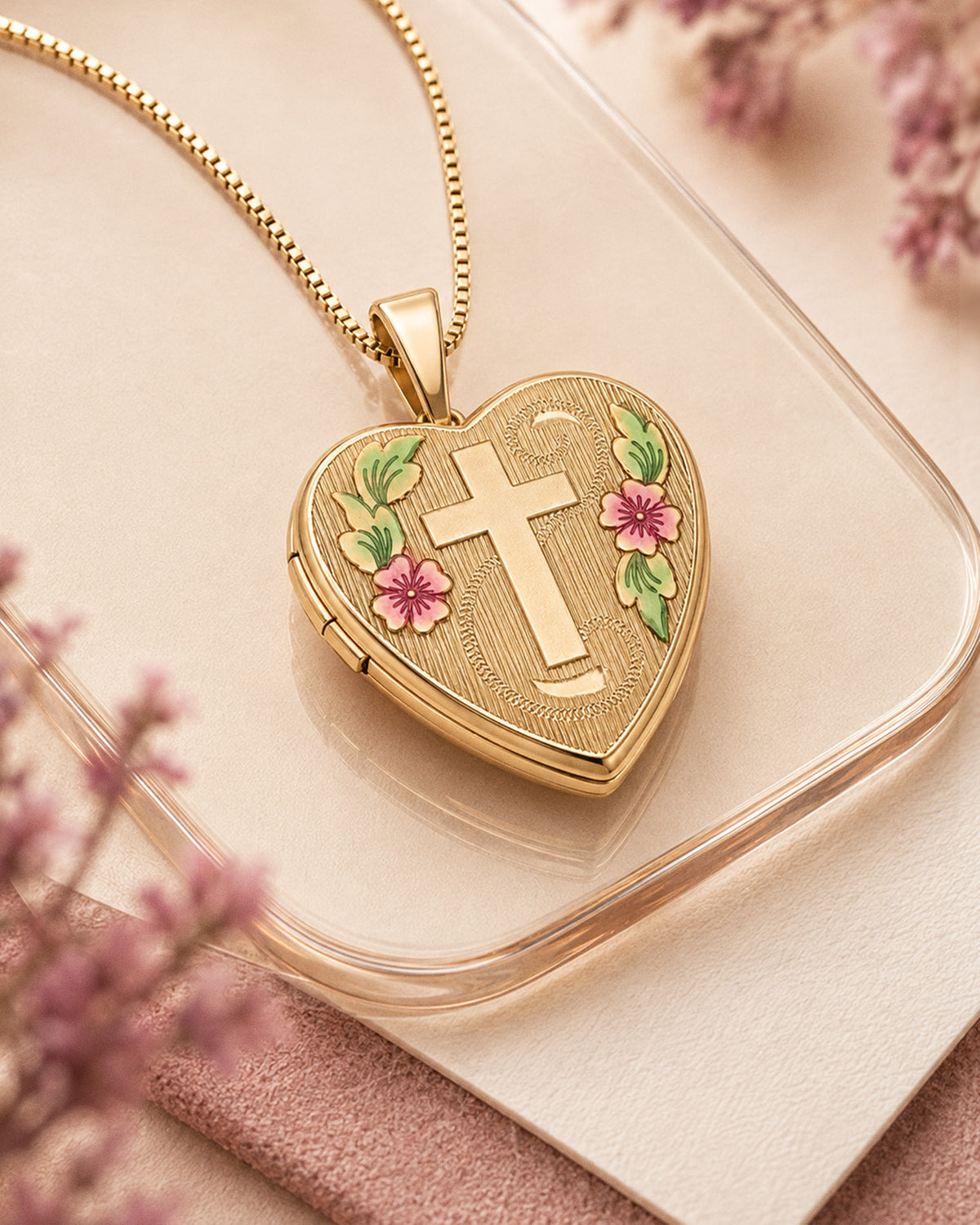14k Gold Filled Small Cross Heart Photo Locket - 2/3 inch x 2/3 inch - lifestyle