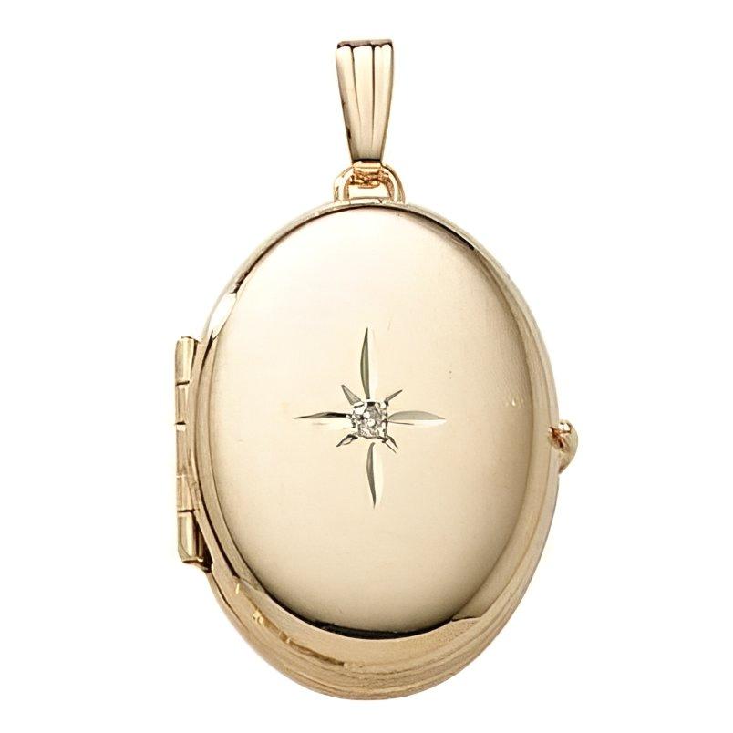 Solid 14K Yellow Gold Oval Four Photo Locket with Diamond