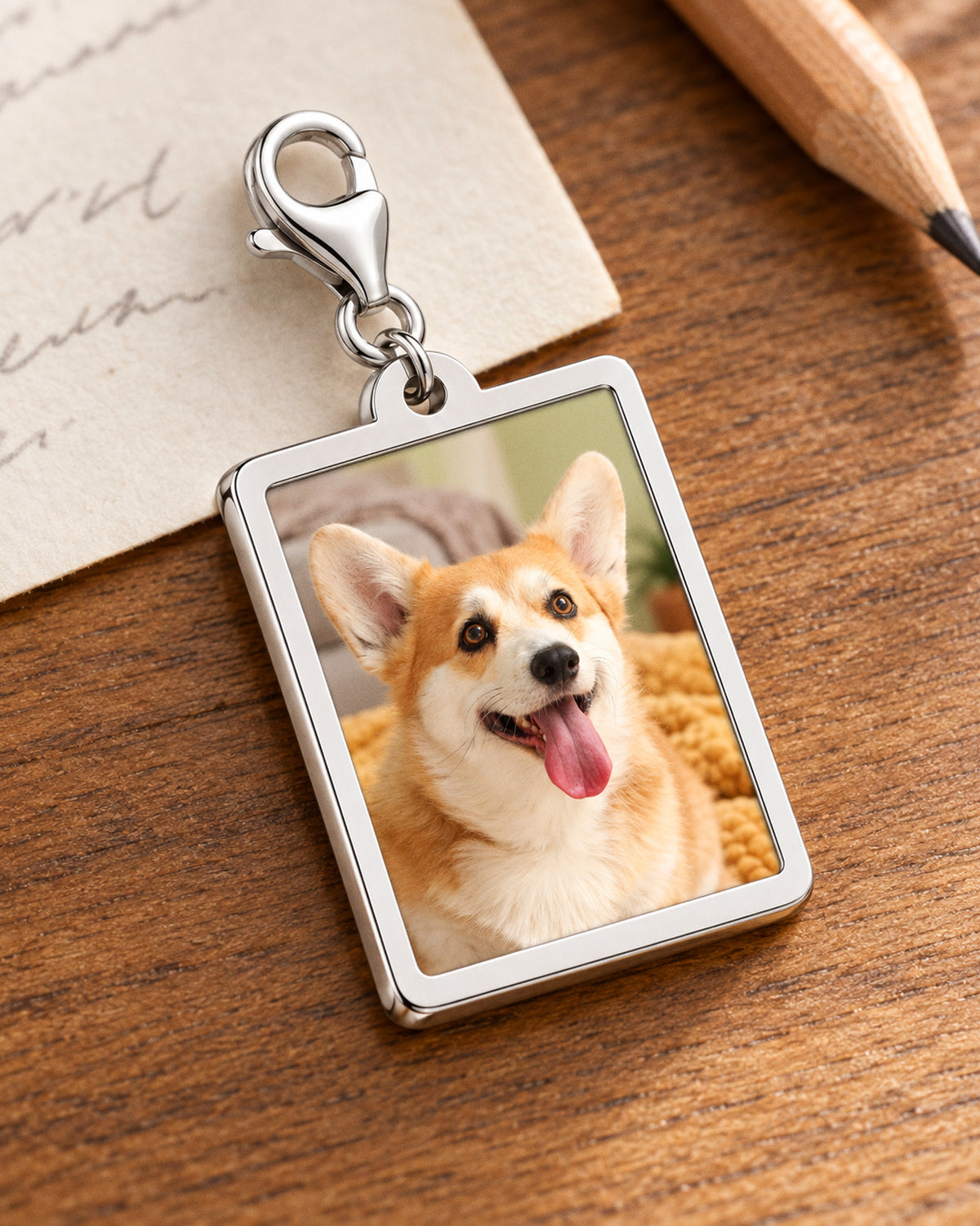 Petite Rectangle with Border Photo Charm For Bracelet - on model