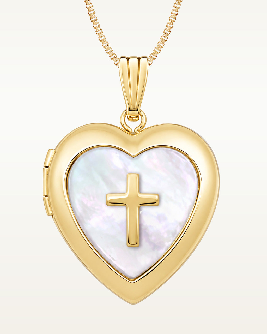 14k Gold Filled Mother of Pearl Cross Heart Photo Locket - 3/4 inch x 3/4 inch