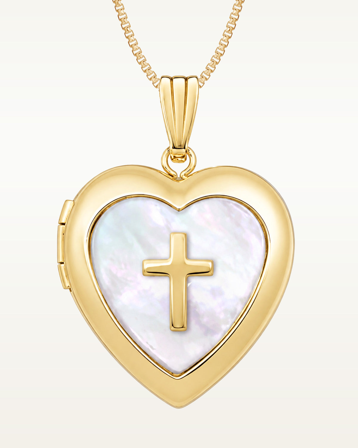 14k Gold Filled Mother of Pearl Cross Heart Photo Locket - 3/4 inch x 3/4 inch