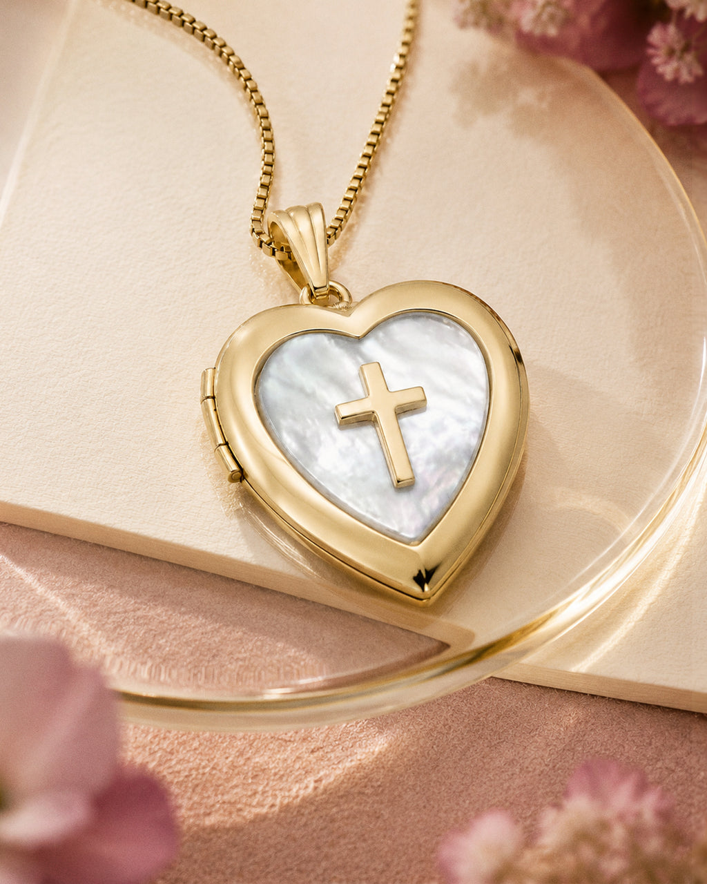 14k Gold Filled Mother of Pearl Cross Heart Photo Locket - 3/4 inch x 3/4 inch - lifestyle