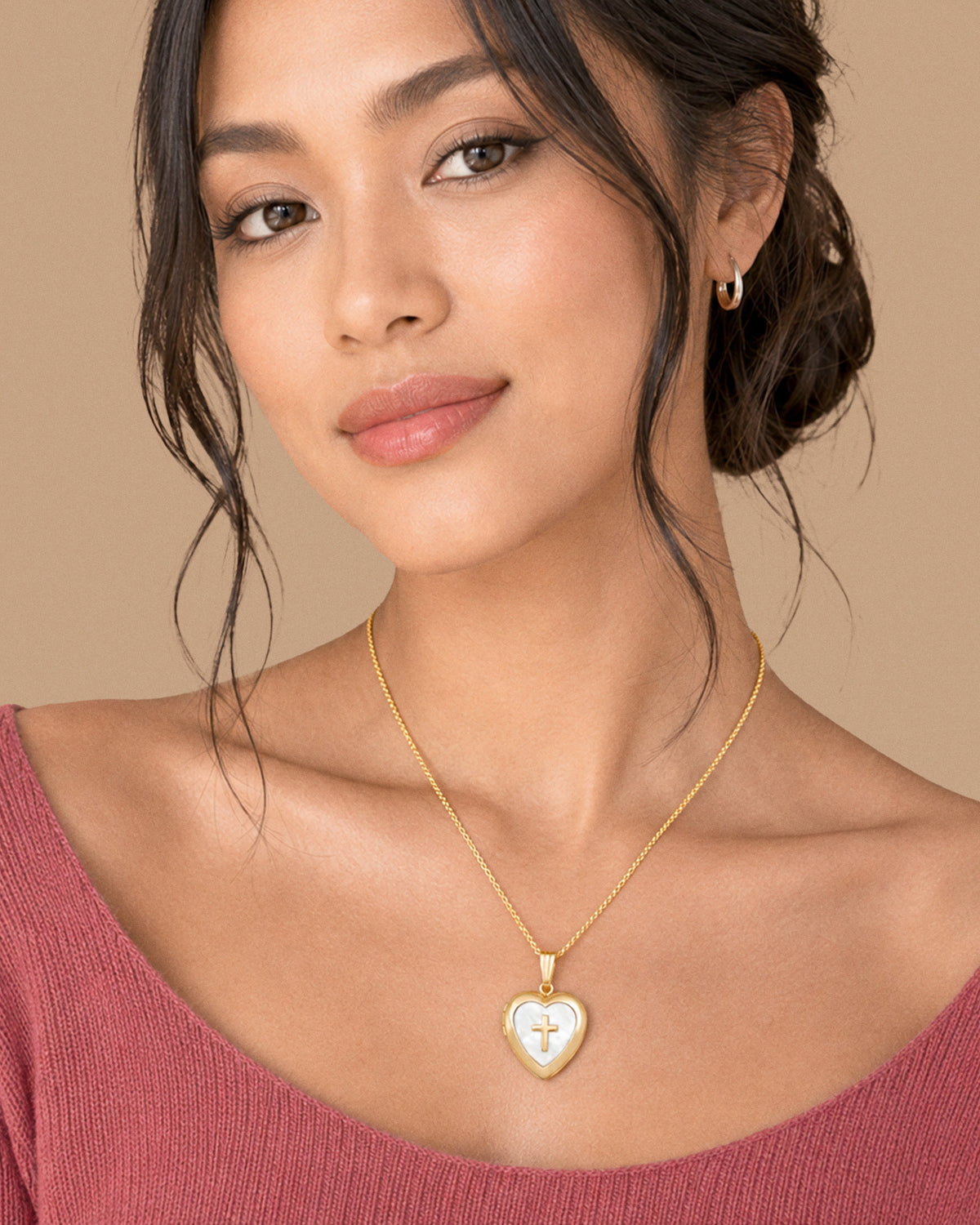 14k Gold Filled Mother of Pearl Cross Heart Photo Locket - 3/4 inch x 3/4 inch - on model
