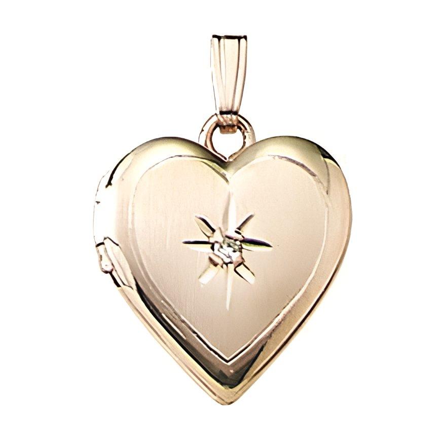 Solid 14K Yellow Gold Small Heart Photo Locket with Diamond