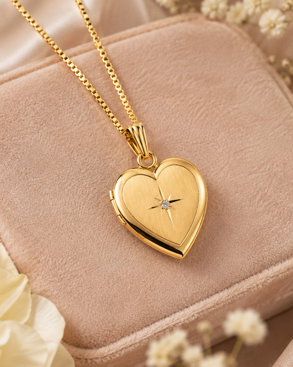 Solid 14K Yellow Gold Heart Photo Locket with Diamond - lifestyle