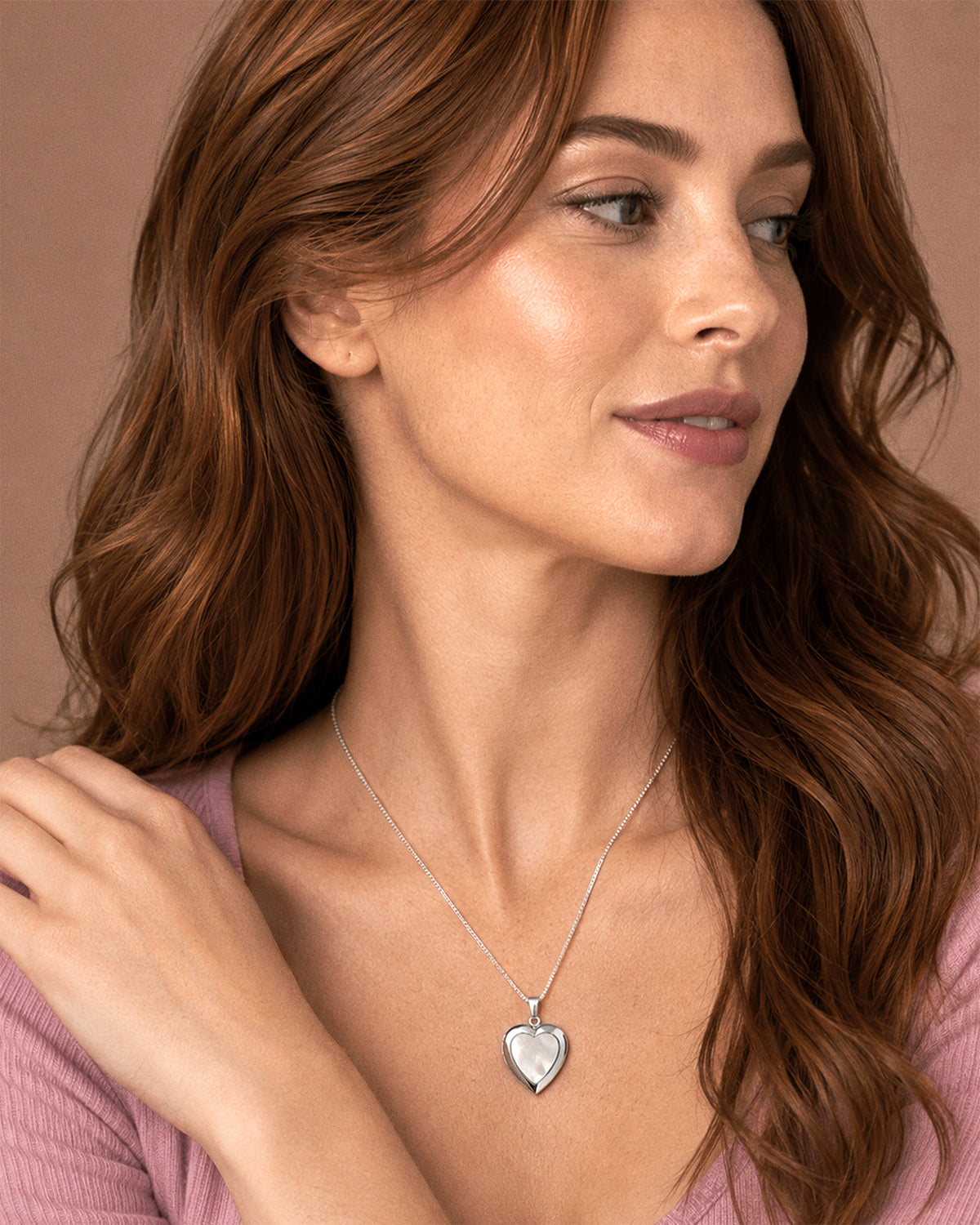 14k White Gold Mother Of Pearl Heart Photo Locket - on model
