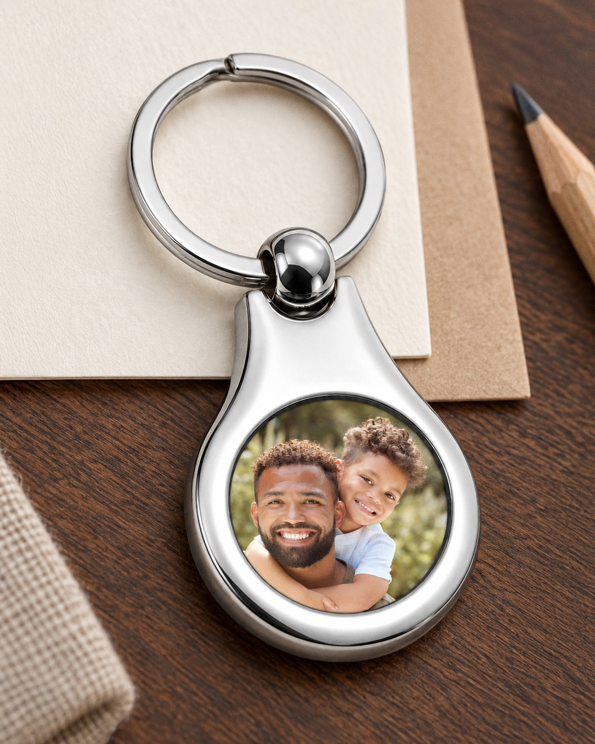 Stainless Steel Engravable Round Photo Laser Keychain - Stainless Steel 1 1/4 Inch Wide x 1 Inch Tall - on model