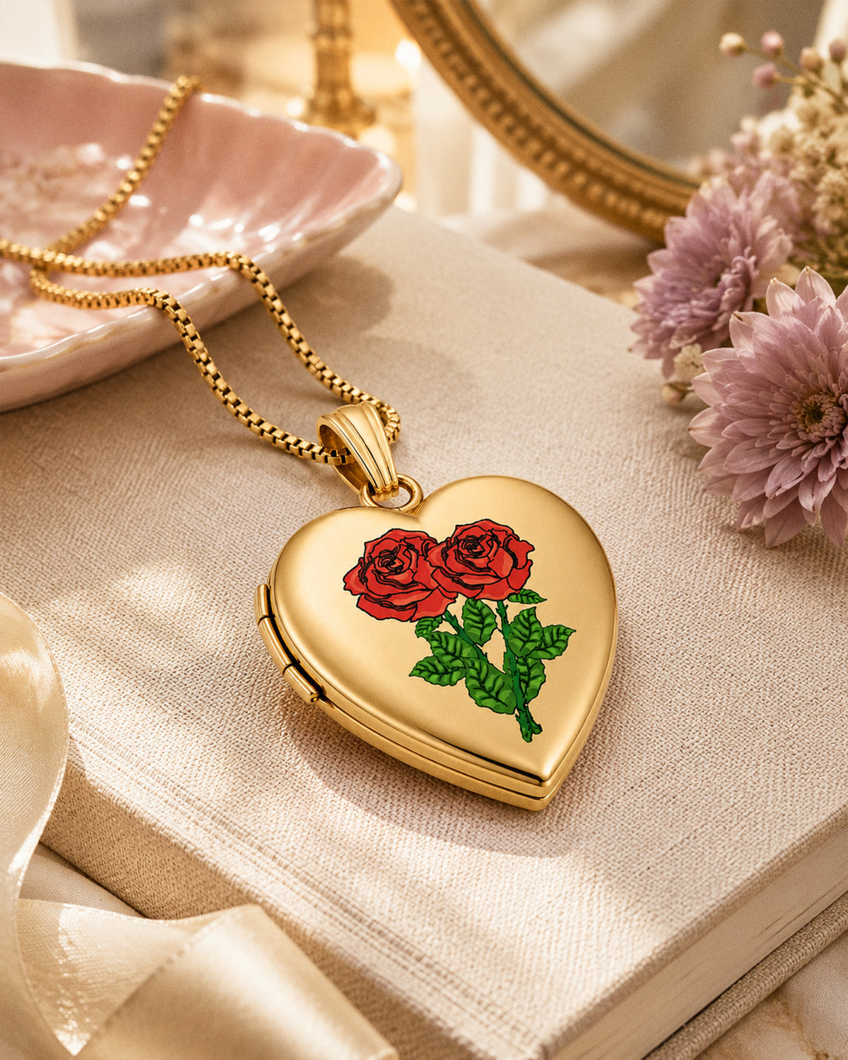 Solid 14K Yellow Gold Double Rose Heart Photo Locket - lifestyle