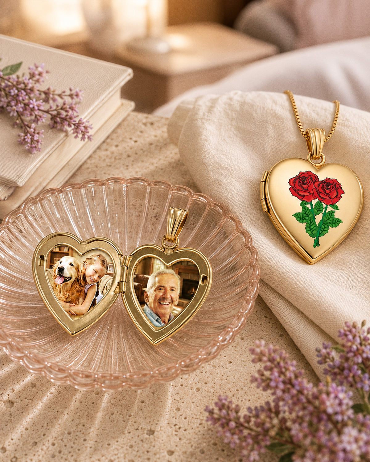 Solid 14K Yellow Gold Double Rose Heart Photo Locket - lifestyle