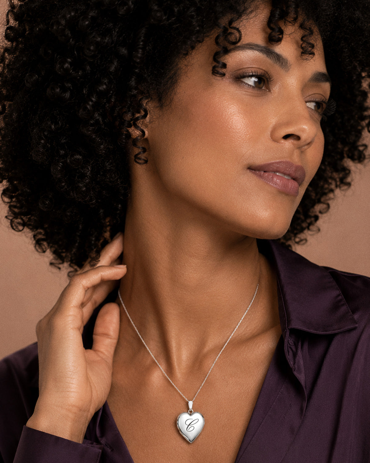 Sterling Silver English Style Initial Heart Photo Locket - on model