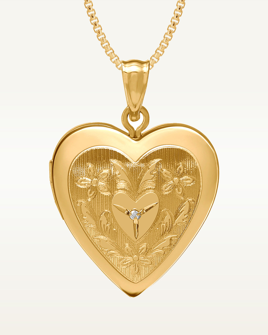 14K Gold Filled Floral Heart Photo Locket with Diamond