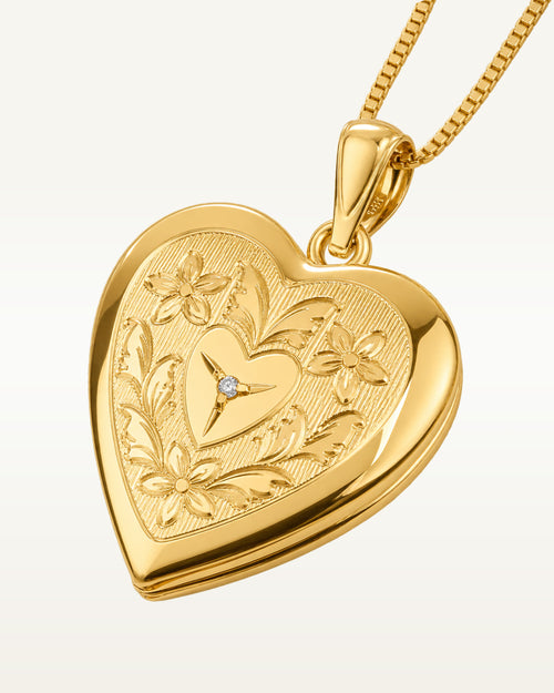 14K Gold Filled Floral Heart Photo Locket with Diamond