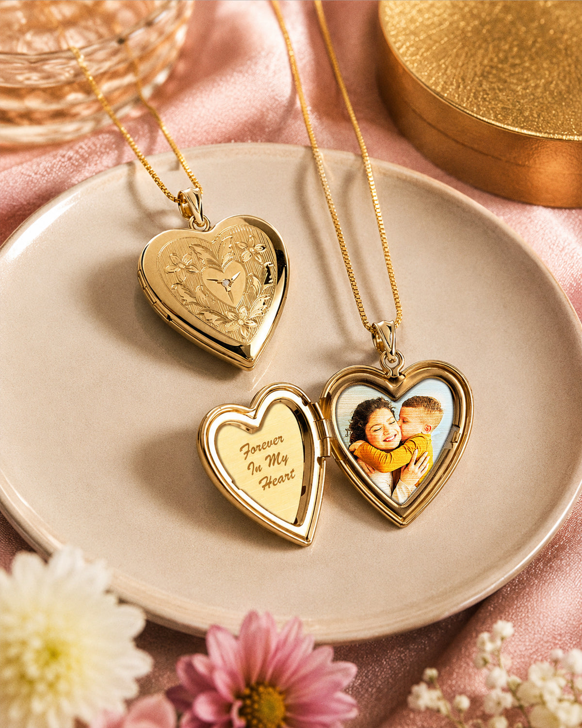 14K Gold Filled Floral Heart Photo Locket with Diamond - lifestyle