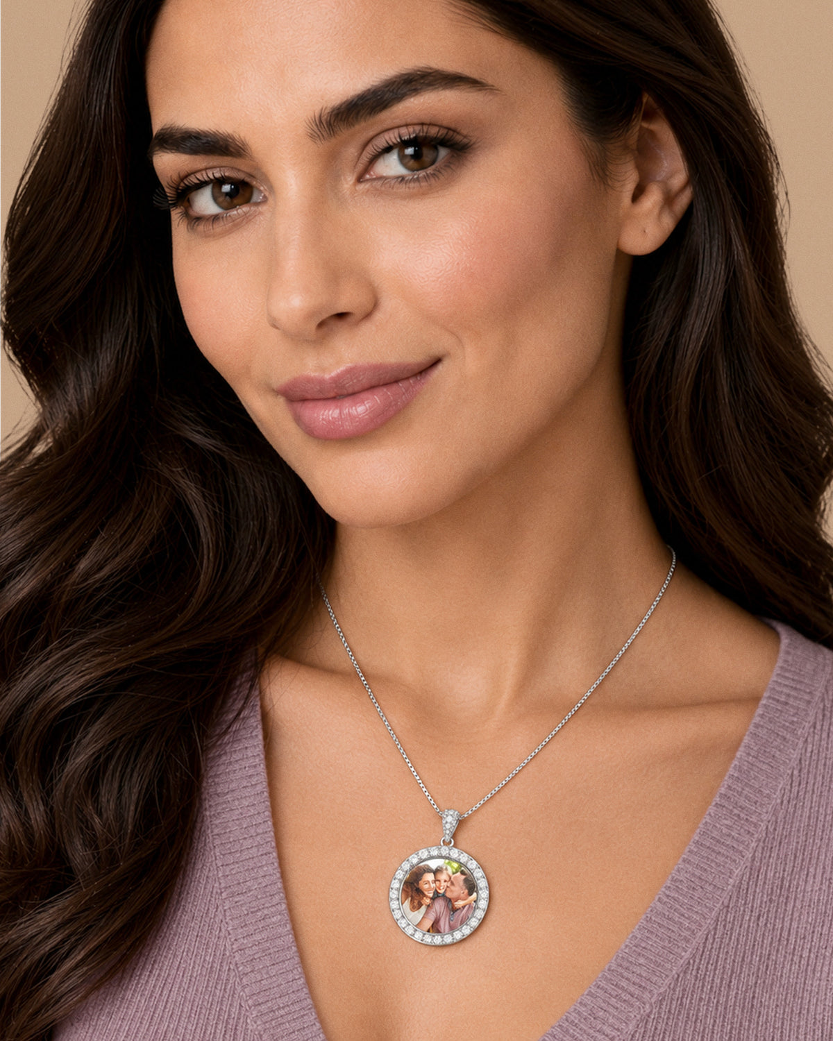Sterling Silver & CZ Premium Round Photo Pendant - on model