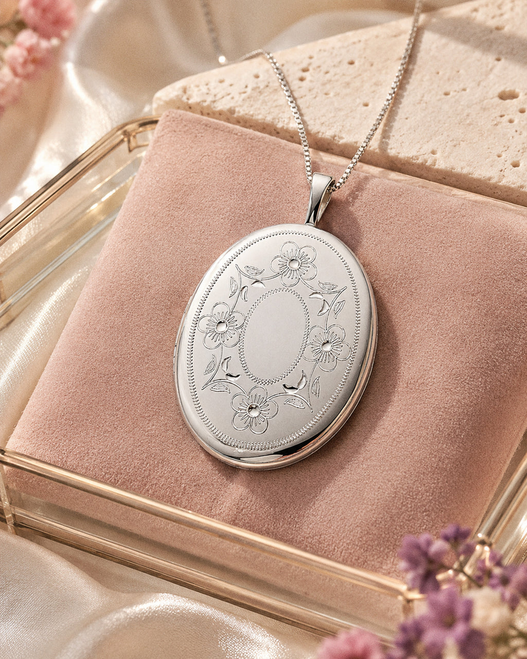 Sterling Silver Floral Oval Photo Locket - lifestyle