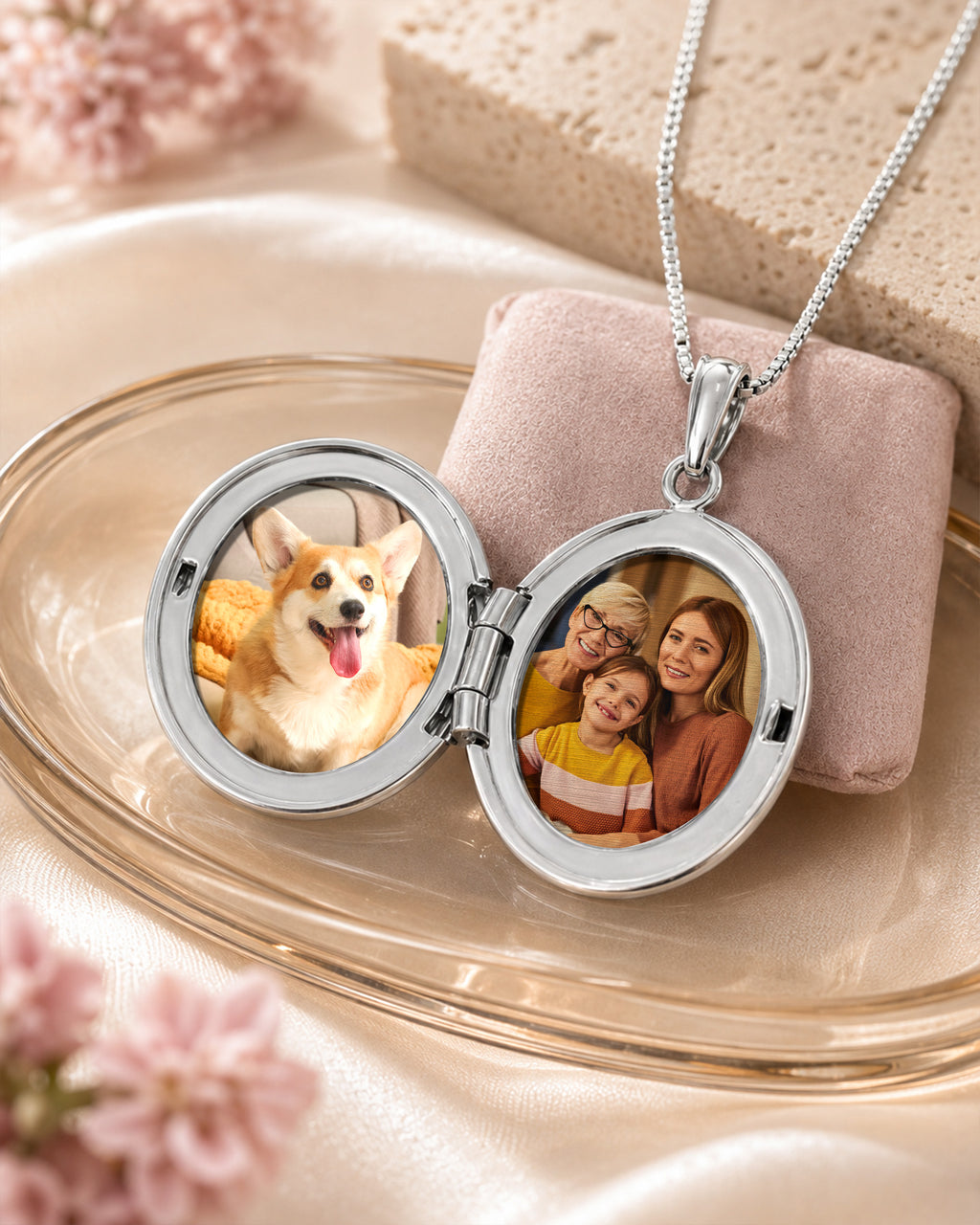 Sterling Silver Floral Oval Photo Locket - lifestyle