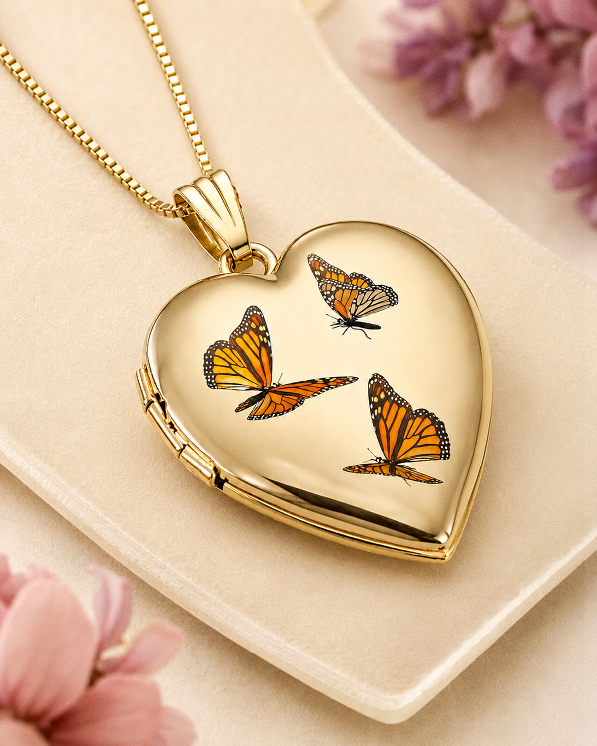 14K Yellow Gold Monarch Butterfly Heart Photo Locket - lifestyle