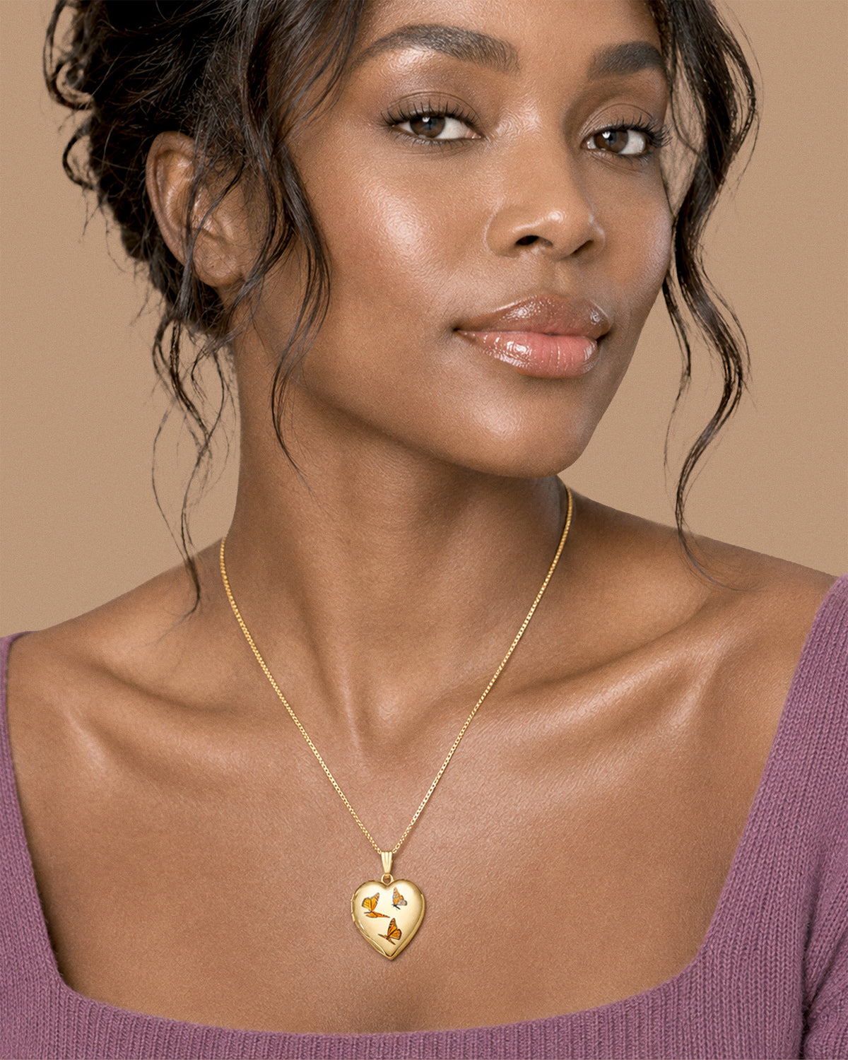 14K Yellow Gold Monarch Butterfly Heart Photo Locket - on model