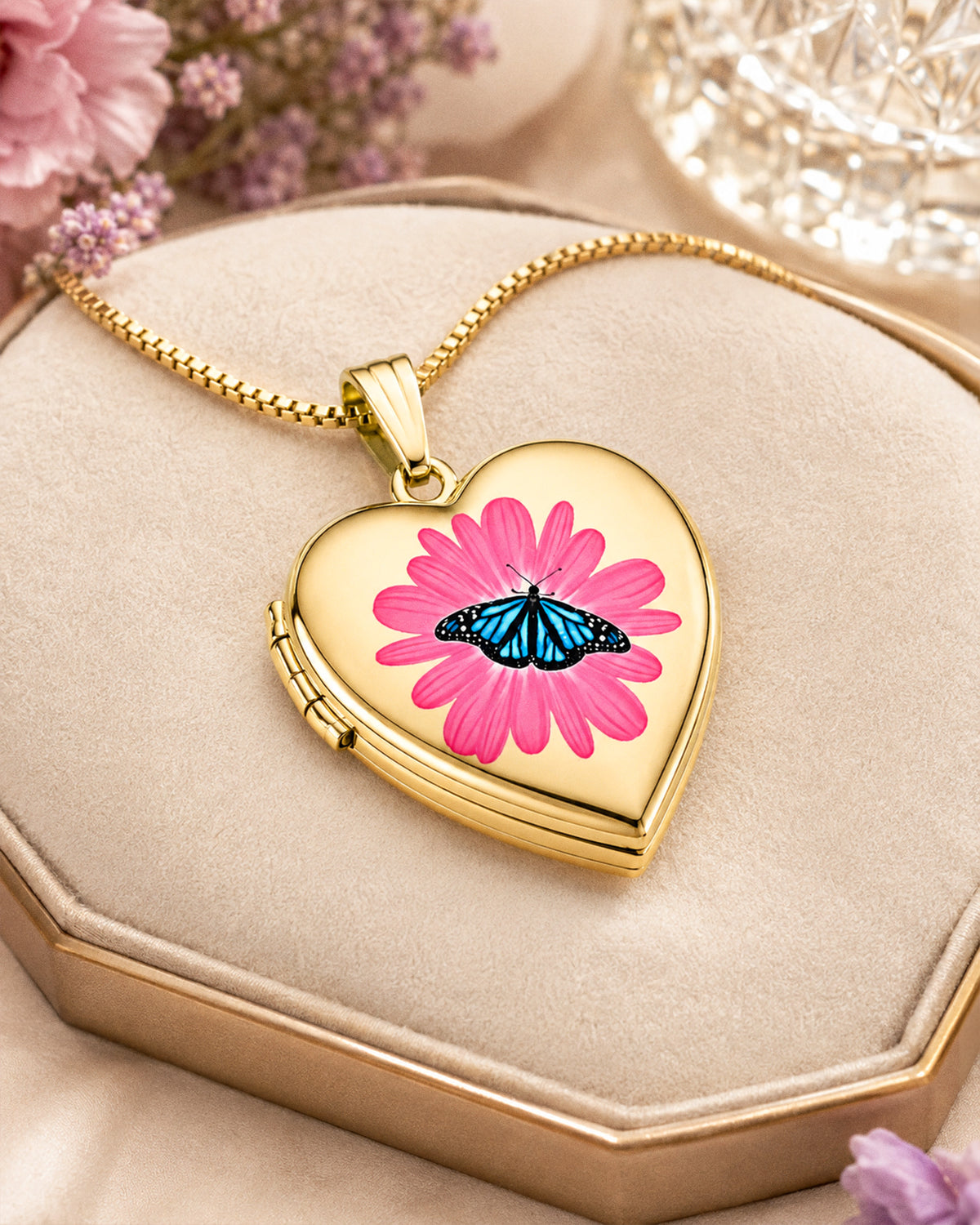 14K Gold Filled Flower Butterfly Heart Photo Locket - lifestyle