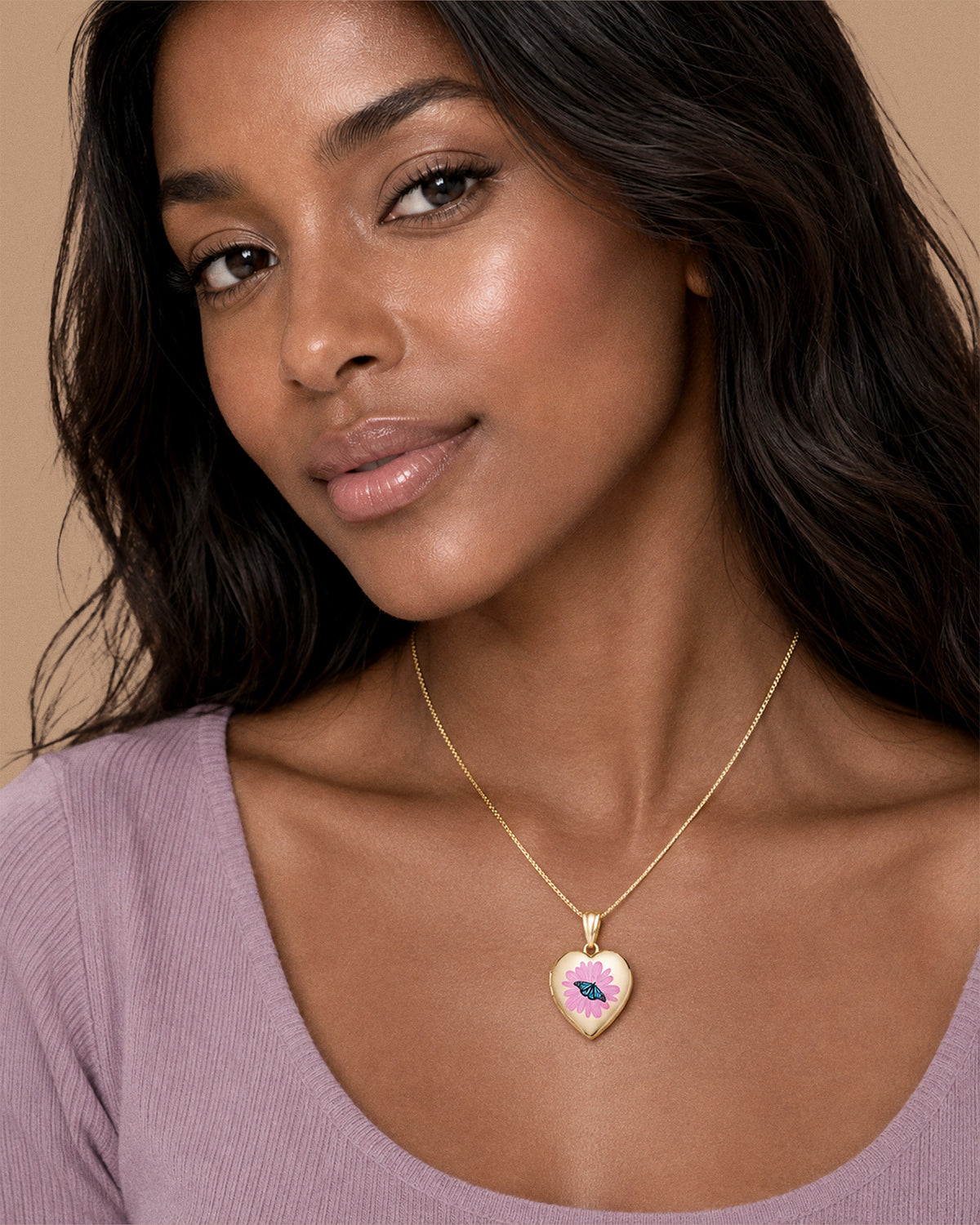 14K Gold Filled Flower Butterfly Heart Photo Locket - on model
