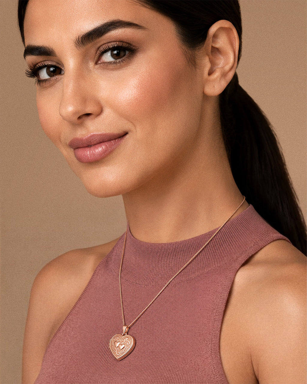 14k Rose Gold Double Heart Photo Locket - on model