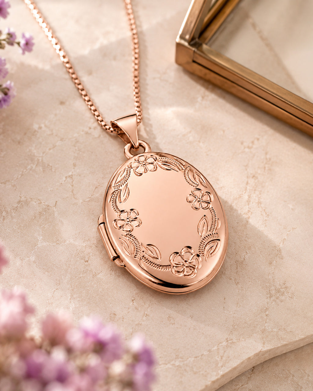 14k Rose Gold Floral Oval Photo Locket - lifestyle