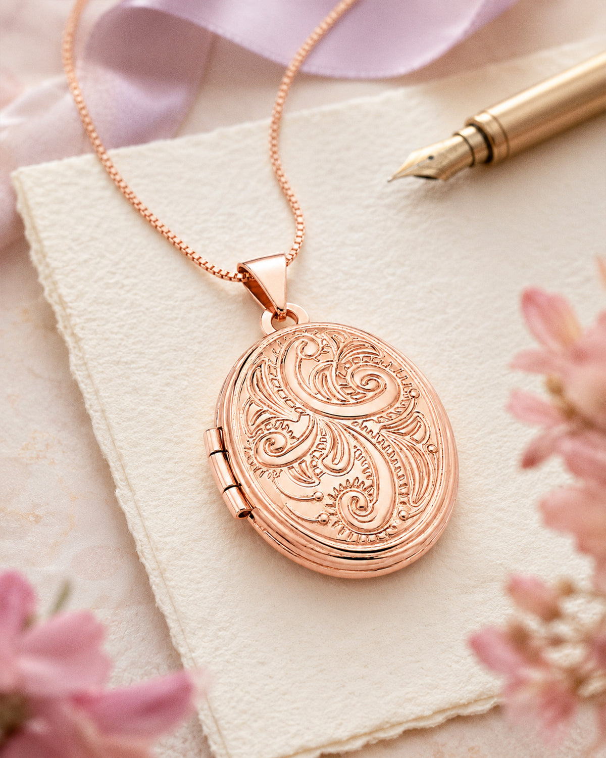 14k Rose Gold Floral Oval Photo Locket - lifestyle