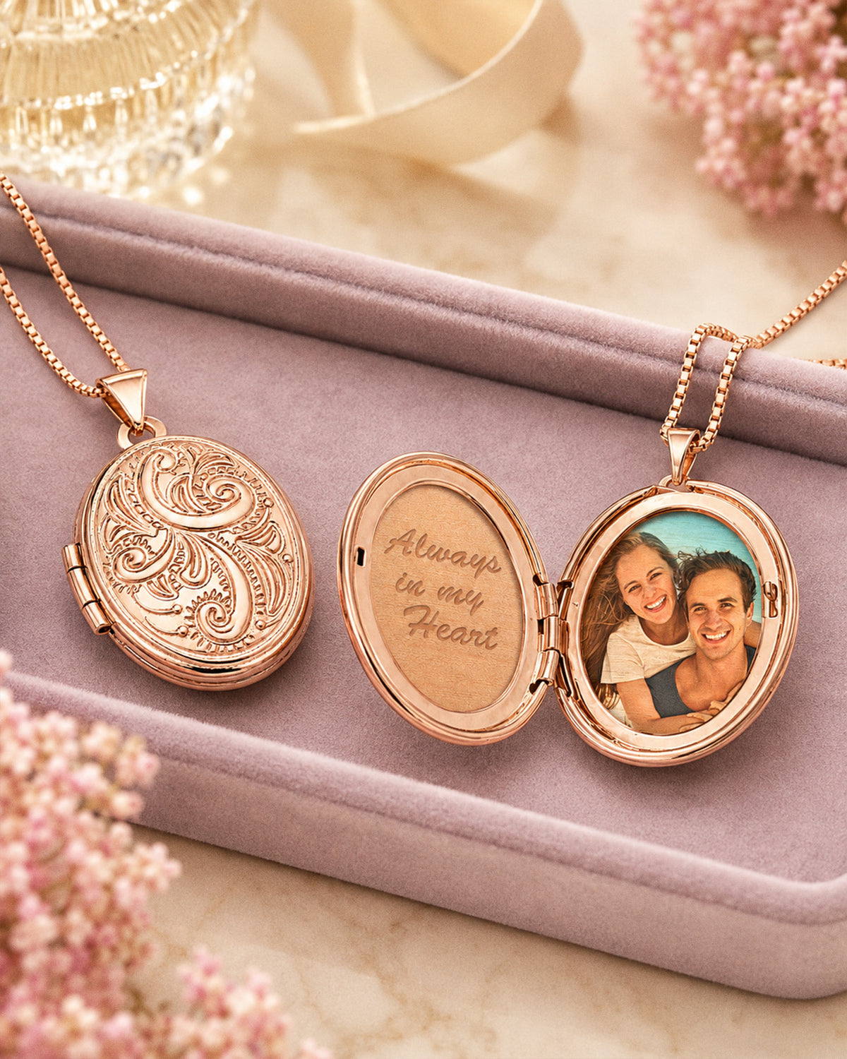 14k Rose Gold Floral Oval Photo Locket - lifestyle