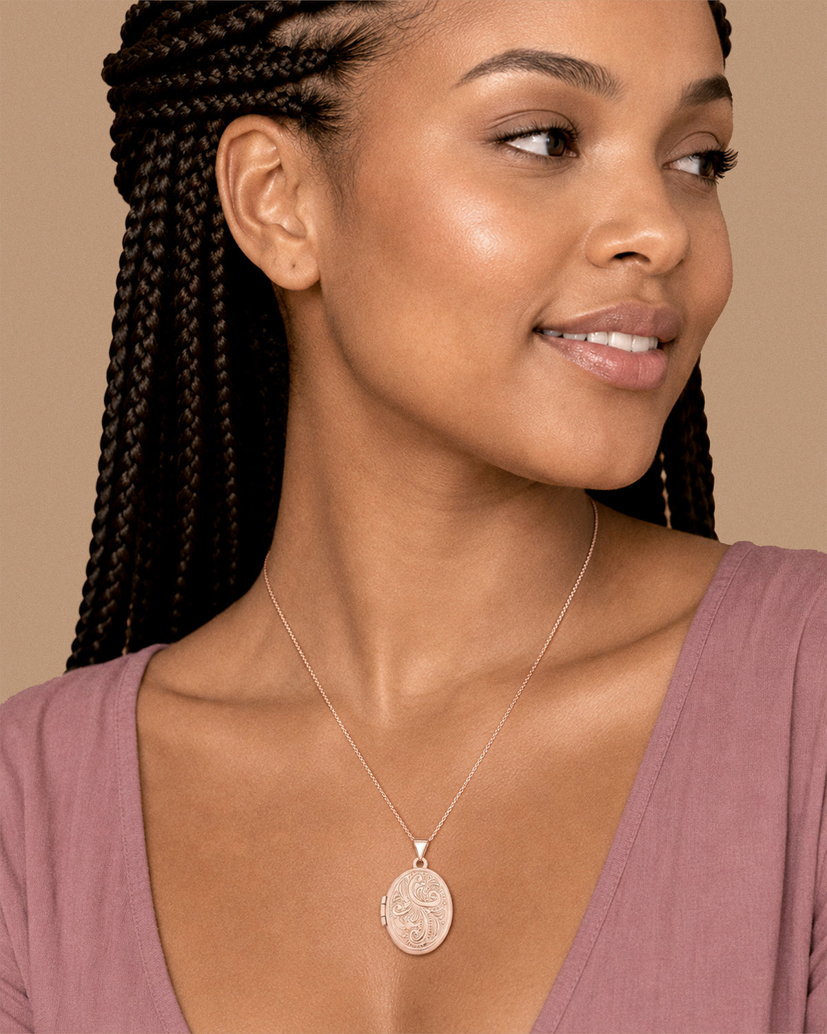 14k Rose Gold Floral Oval Photo Locket - on model