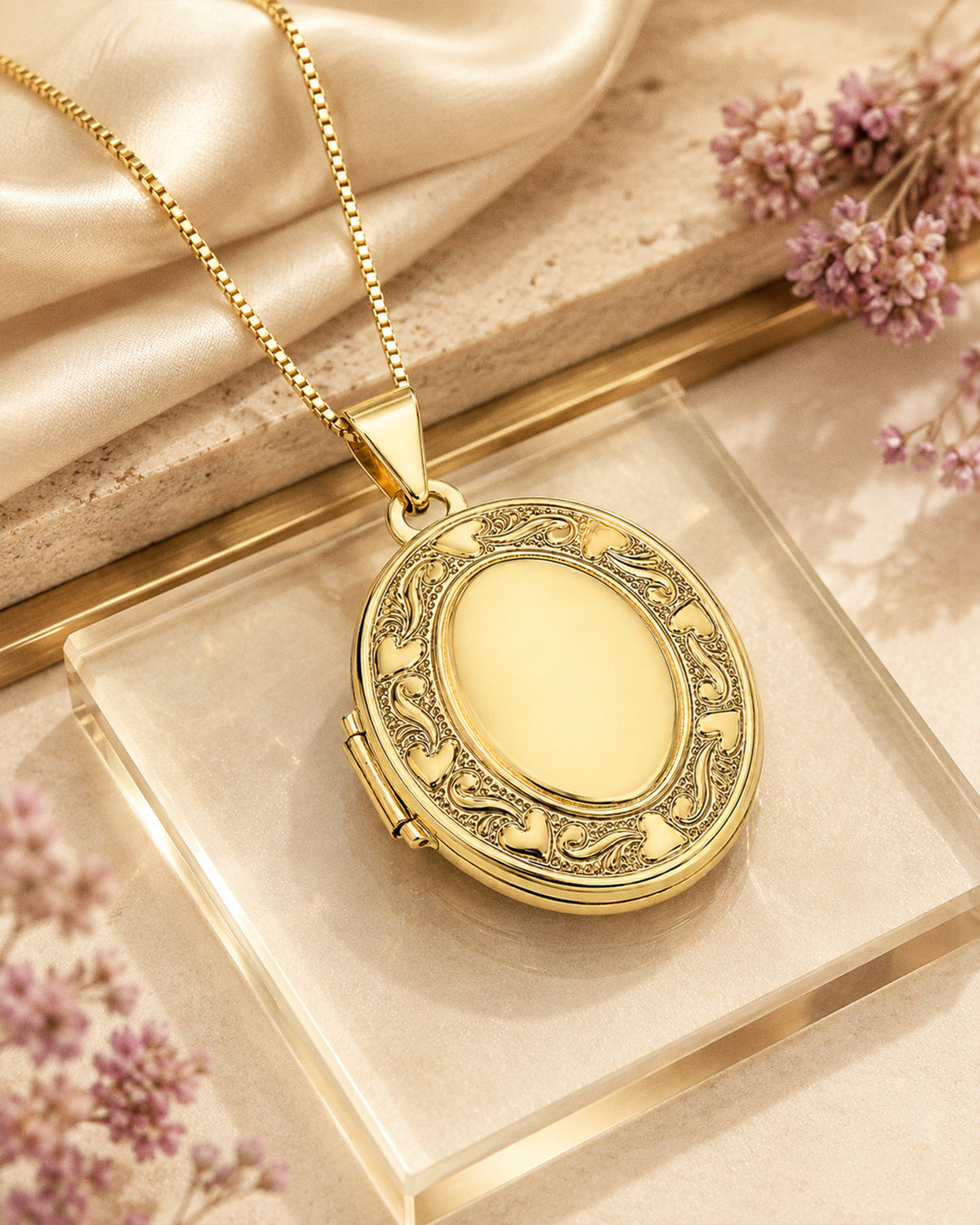 Solid 14k Yellow Gold Floral Oval Photo Locket - lifestyle