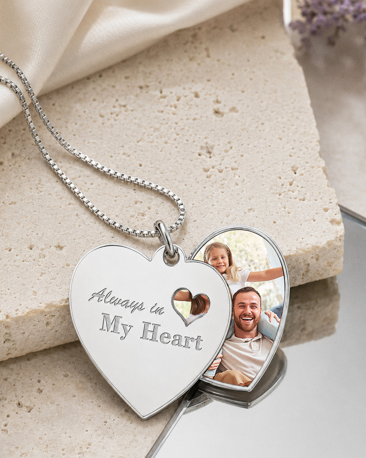 "Always In My Heart" Heart Swivel Photo Pendant - lifestyle