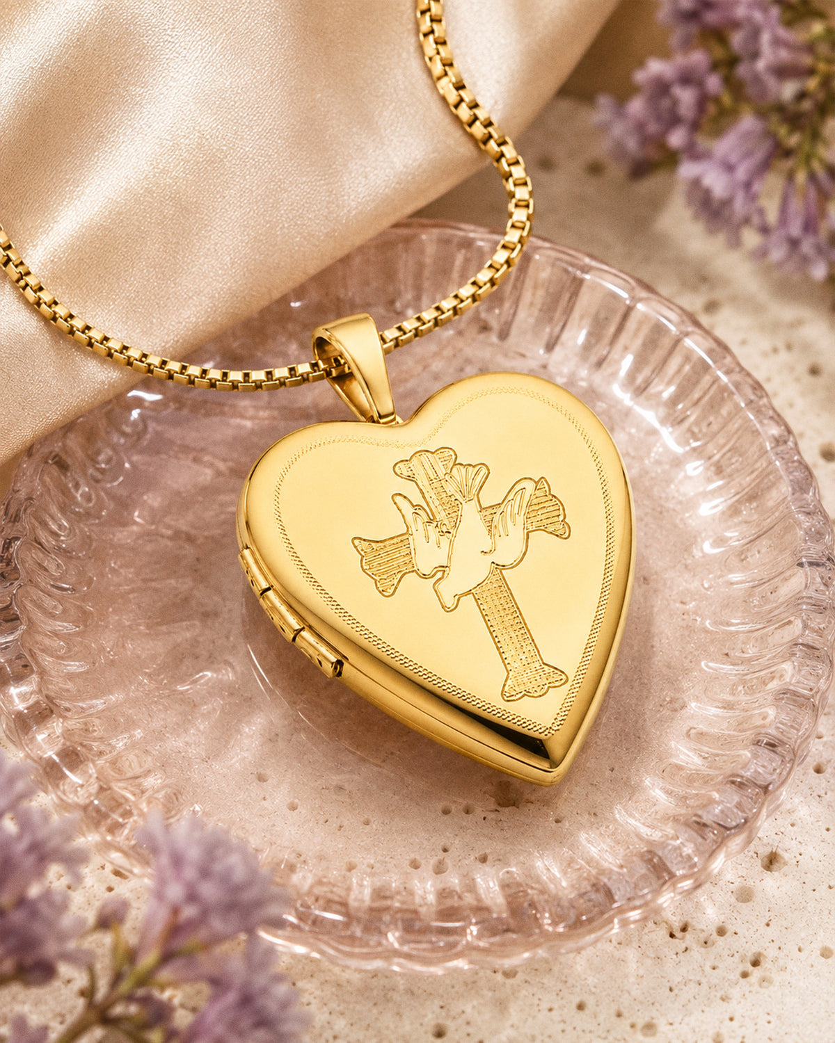 14k Gold Filled Dove & Cross Heart Photo Locket - lifestyle
