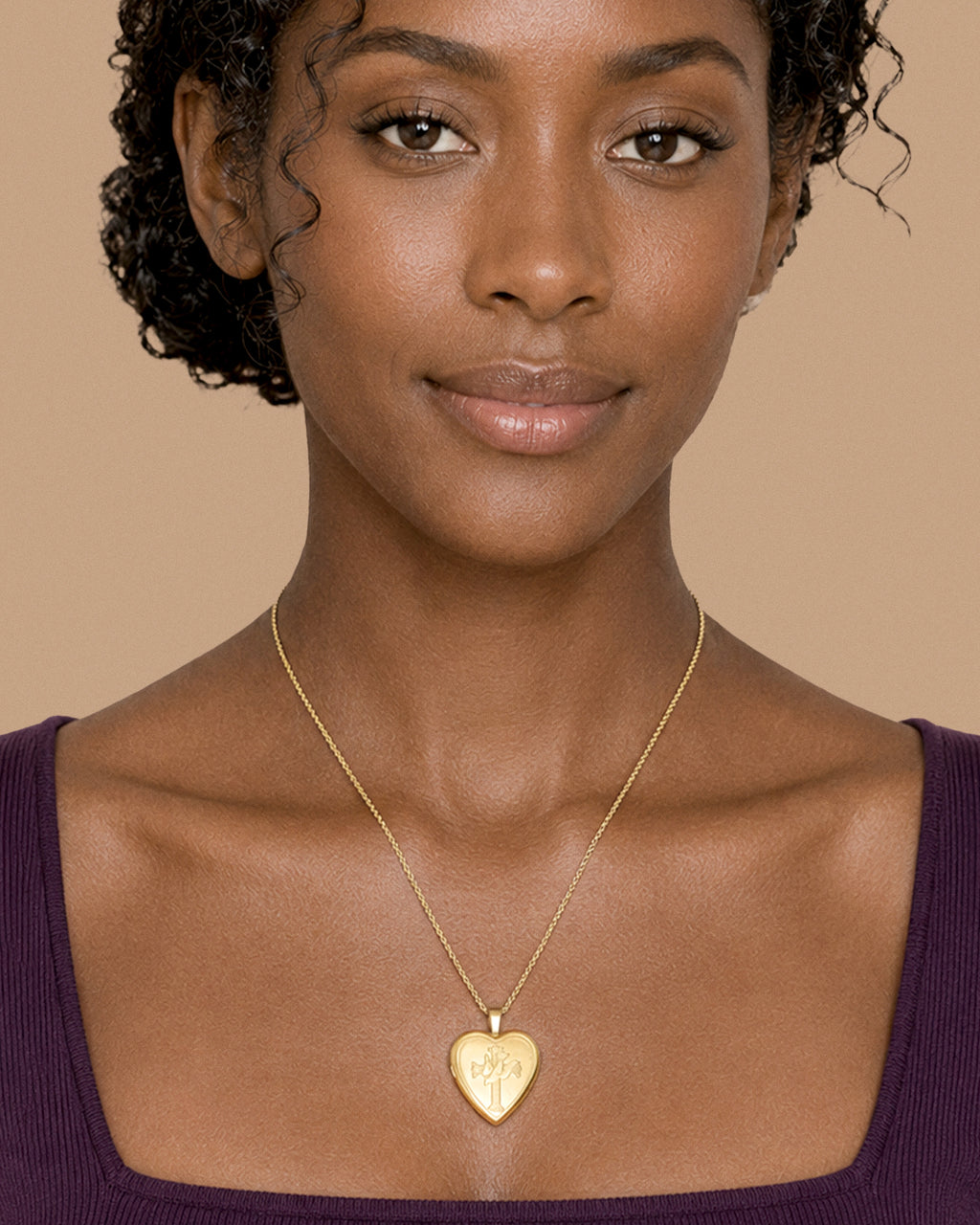 14k Gold Filled Dove & Cross Heart Photo Locket - on model