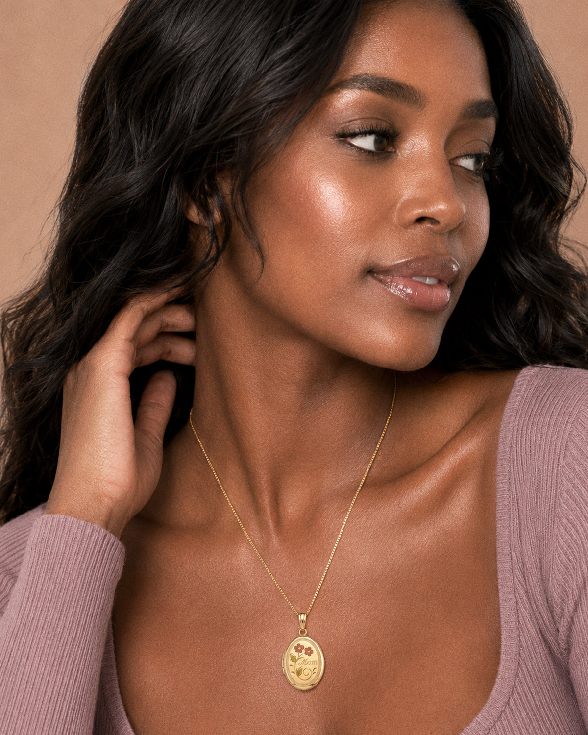 14k Gold Filled Mom Oval Photo Locket - on model