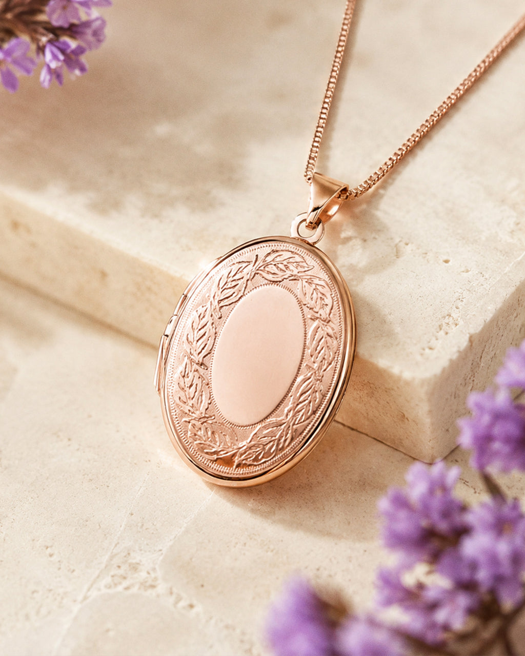 Rose Gold Plated Floral Oval Photo Locket - lifestyle
