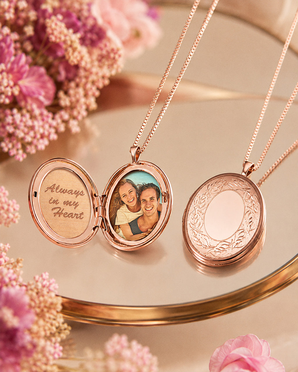 Rose Gold Plated Floral Oval Photo Locket - lifestyle
