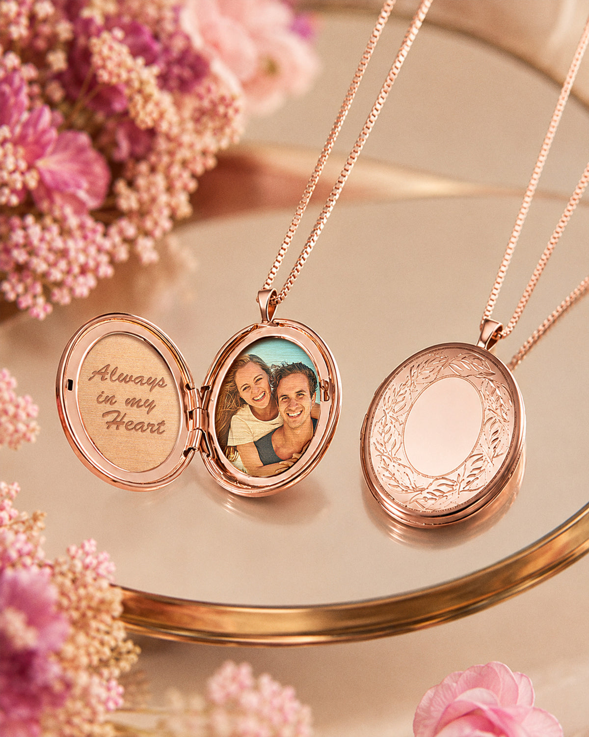 Rose Gold Plated Floral Oval Photo Locket - lifestyle