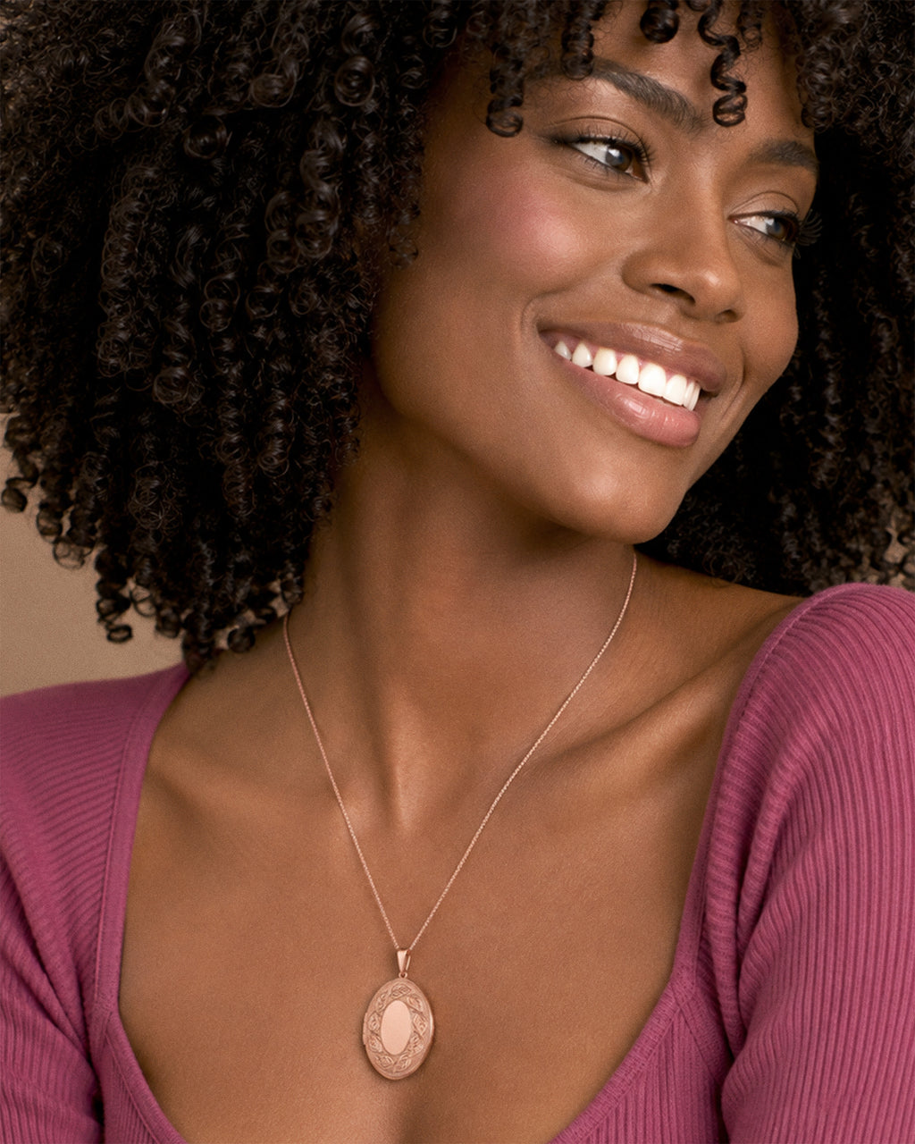 Rose Gold Plated Floral Oval Photo Locket - on model
