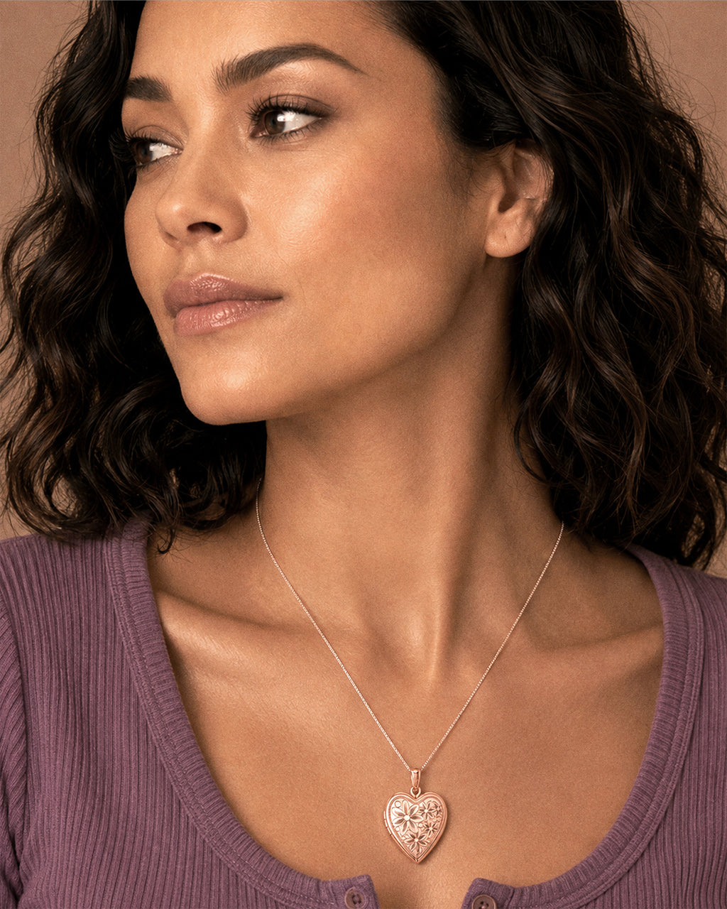 Rose Gold Plated Floral Heart Photo Locket - on model