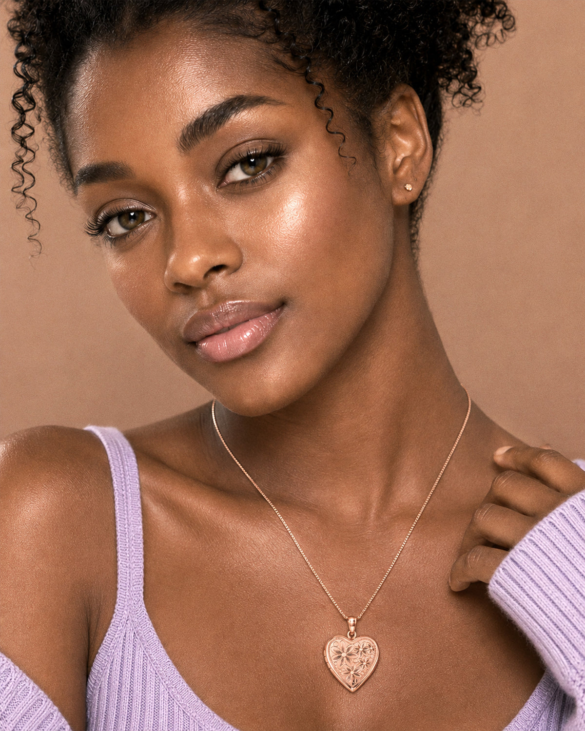 Rose Gold Plated Floral Heart Photo Locket - on model