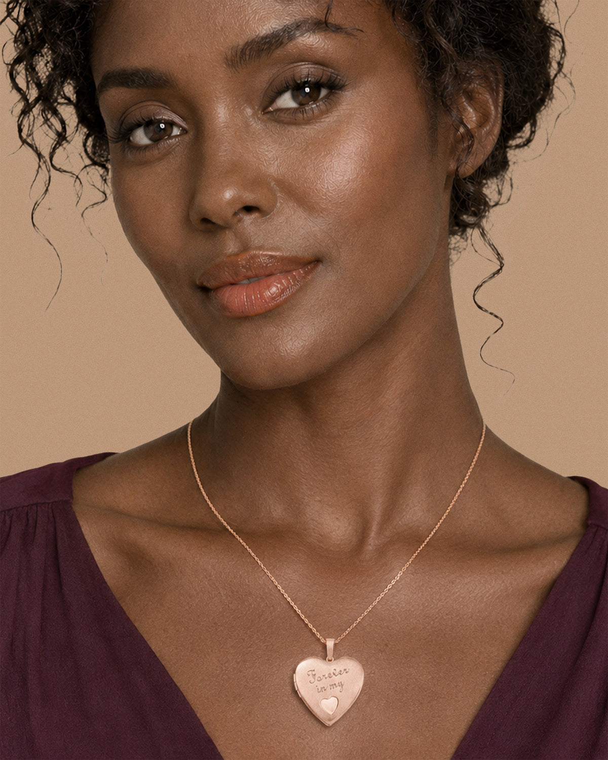Rose Gold Plated Forever in my Heart Photo Locket - on model