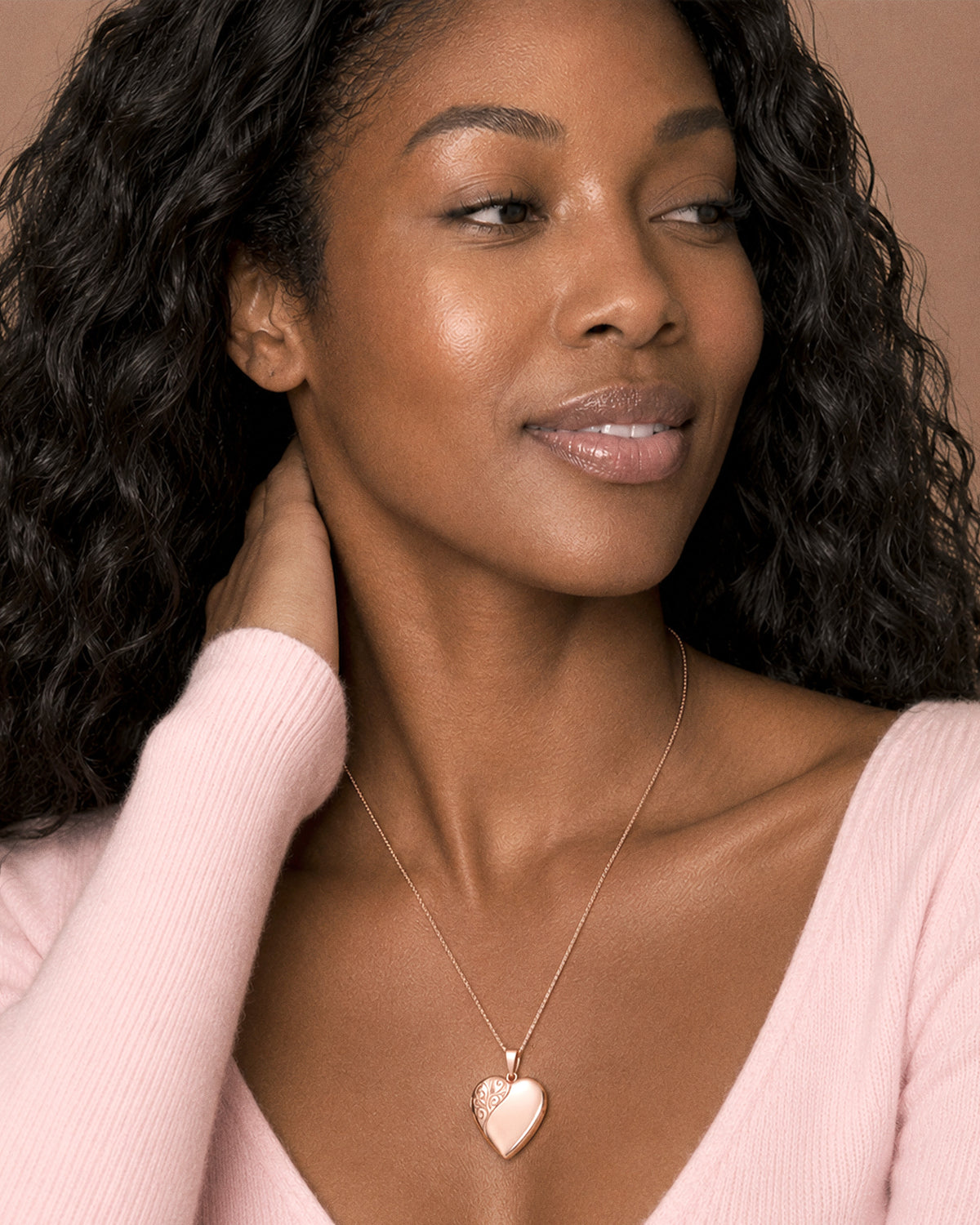Rose Gold Plated Floral Heart Photo Locket - on model