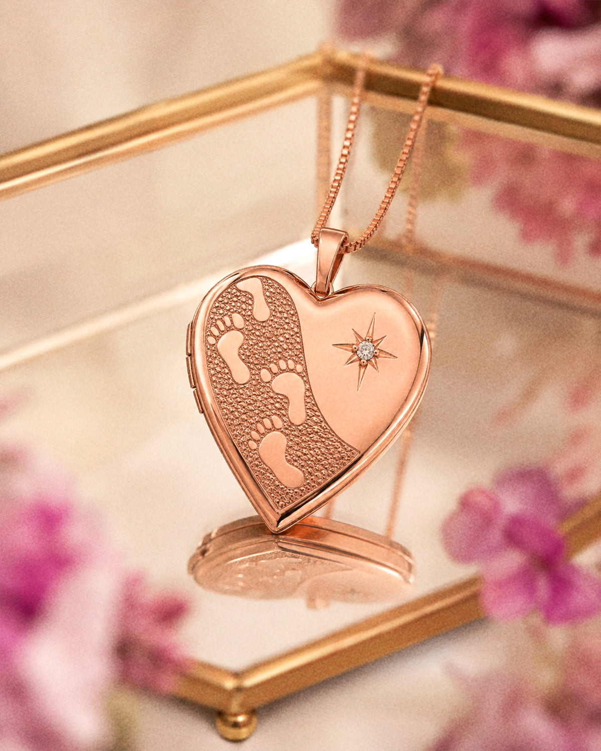 Rose Gold Plated Footprints Heart Photo Locket with Diamond - lifestyle