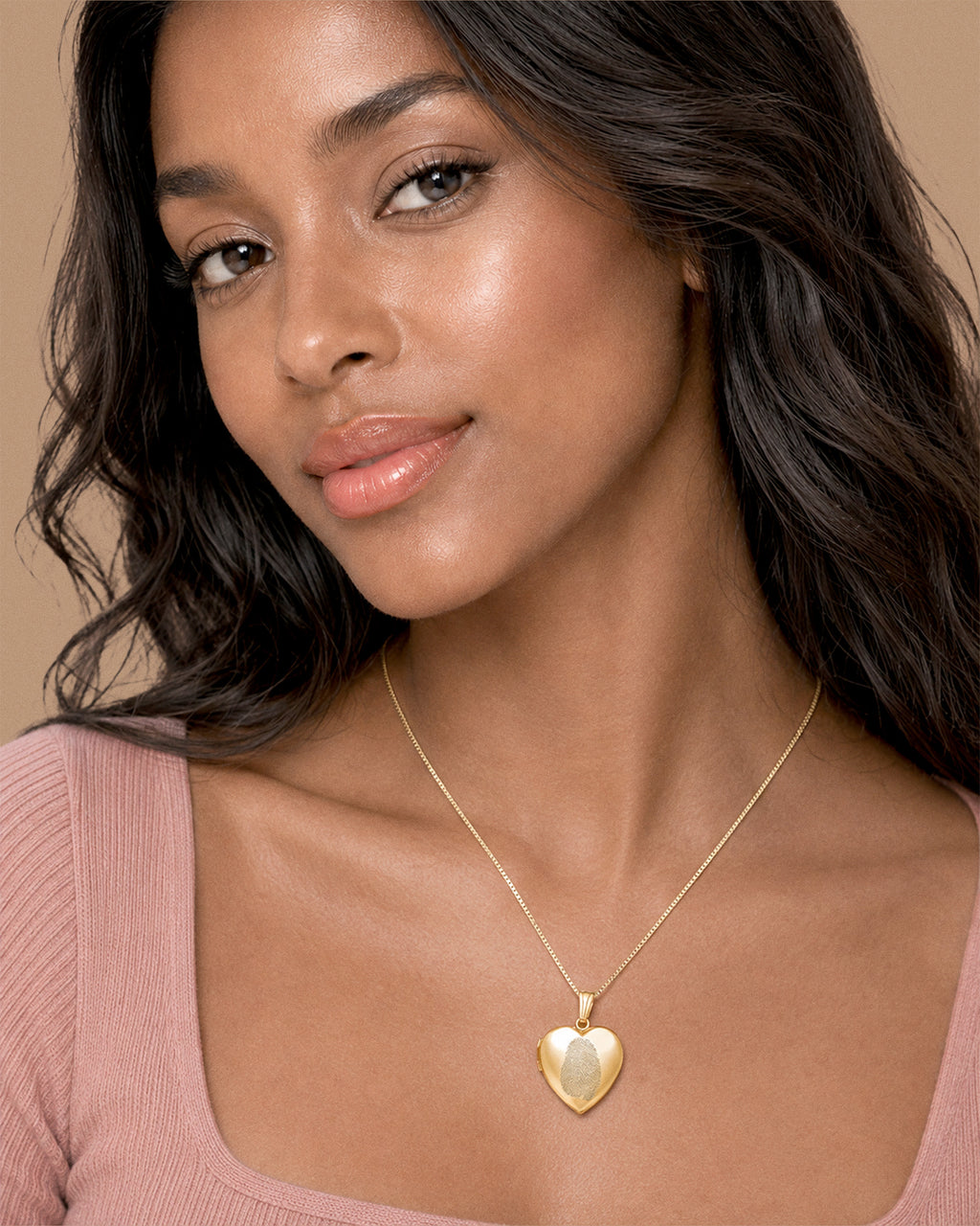 Yellow Gold Fingerprint Heart Locket - on model